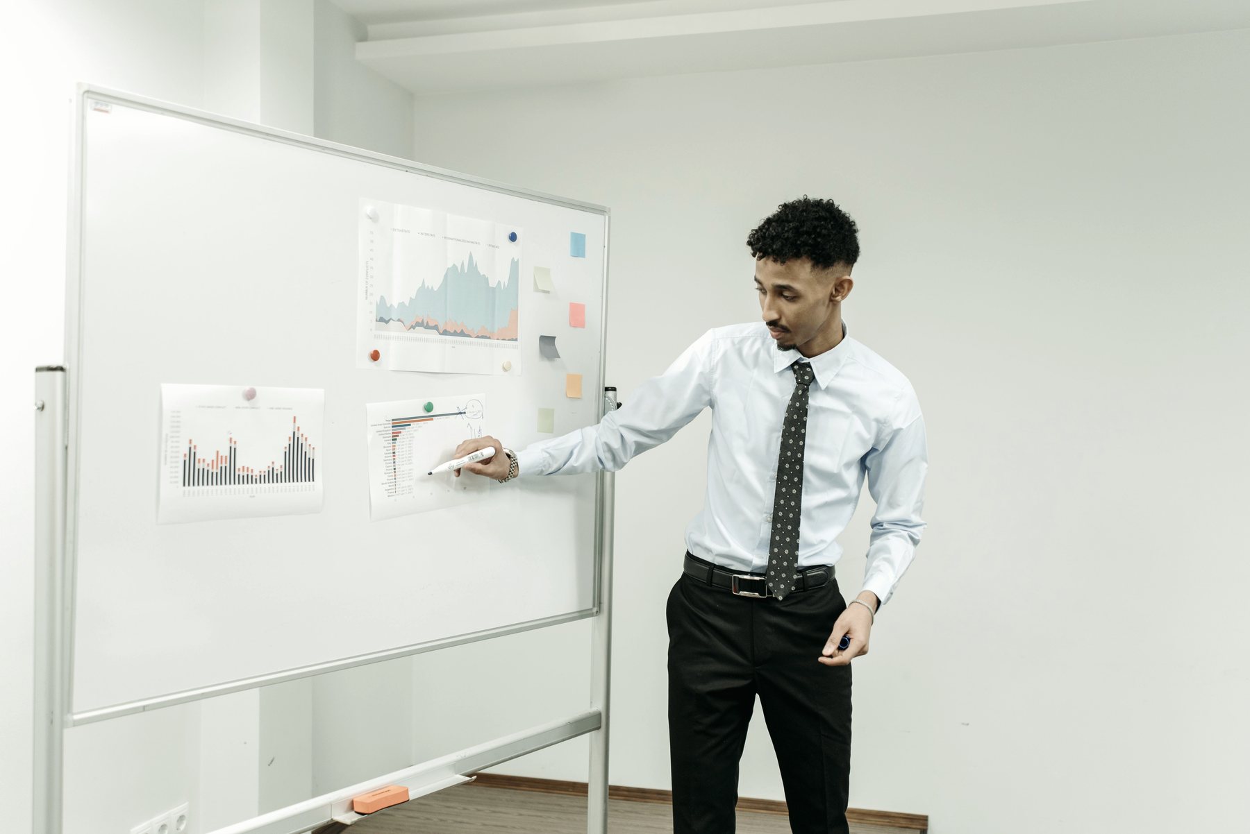 Someone presenting a chart on a whiteboard to a meeting.