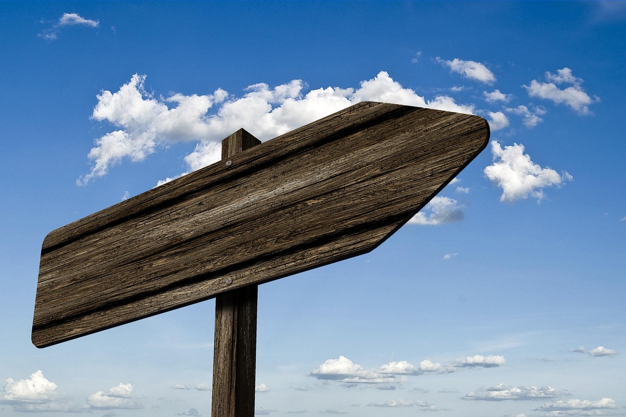 A blank wooden signpost pointing left against a blue sky with white clouds.